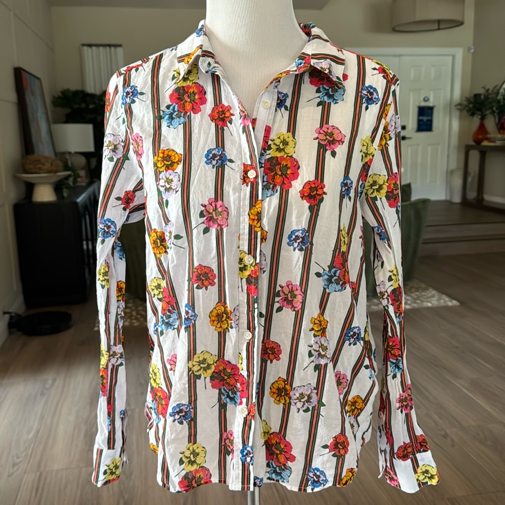 Adorable Ecru blouse with bright, beautiful flowers and pinstripe